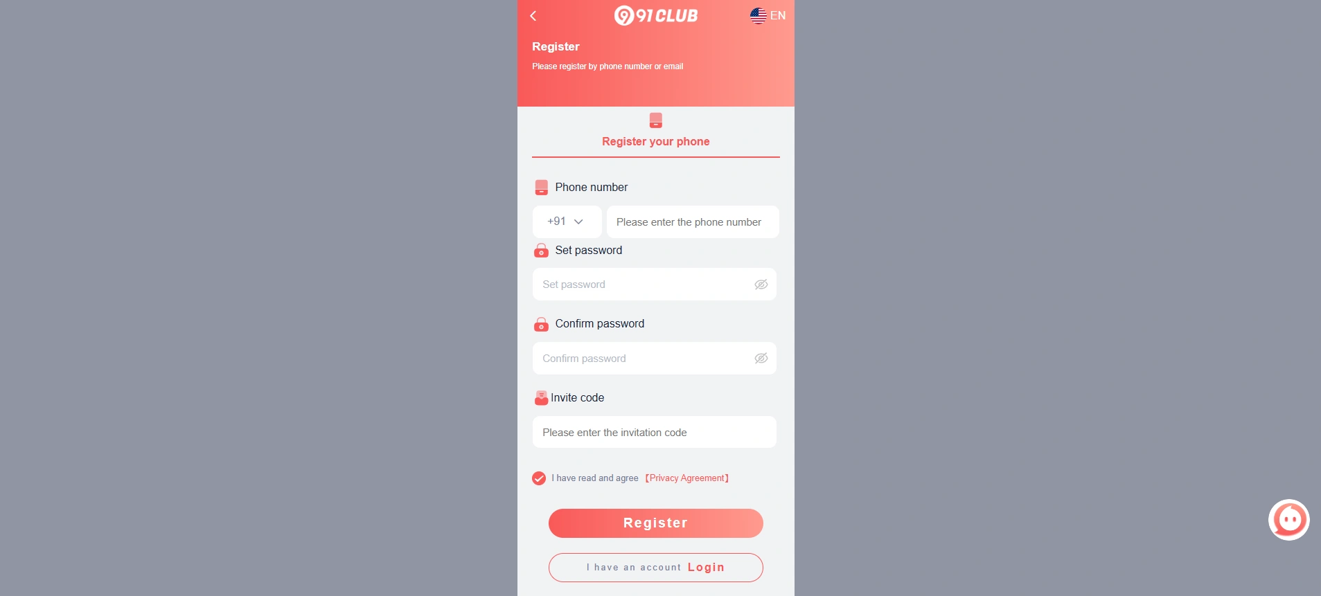 Registration and login at 91 Club